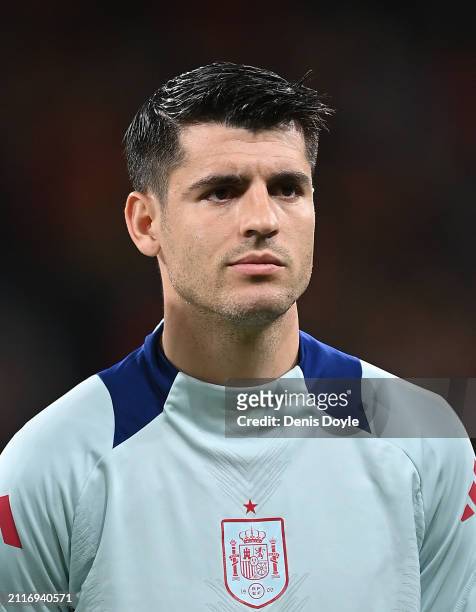 Alvaro Morata of Spain lines-up prior to the friendly match between Spain and Brazil at Estadio Santiago Bernabeu on March 26, 2024 in Madrid, Spain.