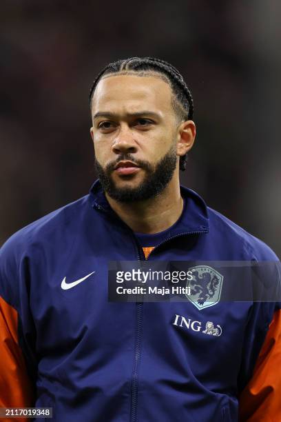 Memphis Depay of Netherlands stands prior to the International Friendly match between Germany and Netherlands at Deutsche Bank Park on March 26, 2024...