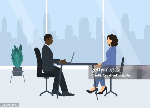 stockillustraties, clipart, cartoons en iconen met job interview. male manager interviewing female candidate in the office - interview