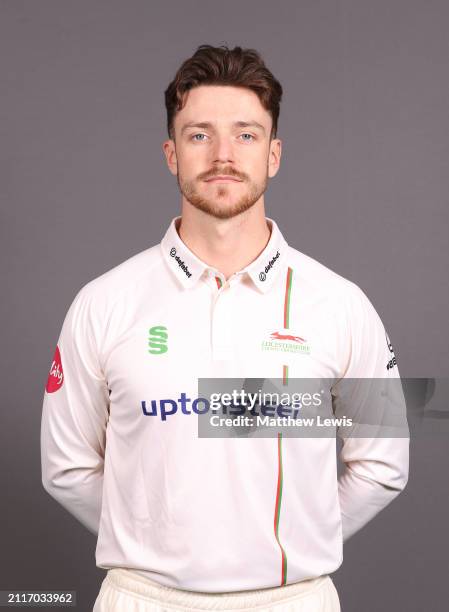 Liam Trevaskis of Leicestershire poses for a portrait during the Leicestershire CCC photocall at Uptonsteel County Ground on March 25, 2024 in...