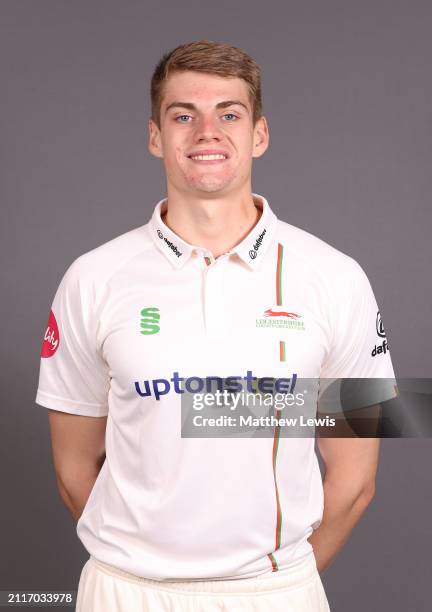 Sam Wood of Leicestershire poses for a portrait during the Leicestershire CCC photocall at Uptonsteel County Ground on March 25, 2024 in Leicester,...