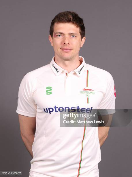 Matt Salisbury of Leicestershire poses for a portrait during the Leicestershire CCC photocall at Uptonsteel County Ground on March 25, 2024 in...