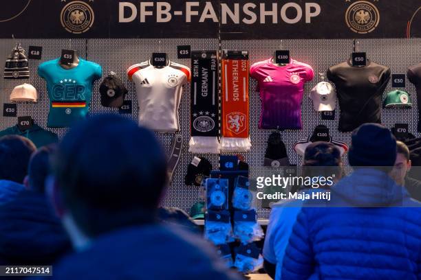 Fan shop of DFB sells merch prior to the International Friendly match between Germany and Netherlands at Deutsche Bank Park on March 26, 2024 in...