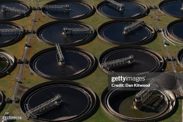 In this aerial view, Crossness sewage treatment works is seen on March 27, 2024 in London, England. Recent data has revealed a 105% rise in raw...