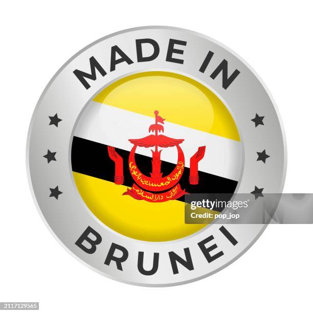 made in brunei - vector graphics. round silver label badge emblem with flag of brunei and text made in brunei. isolated on white background - brunei stock illustrations