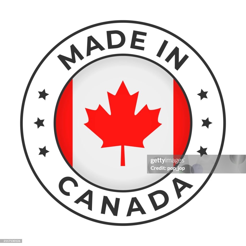 Made in Canada - Vector Graphics. Round Simple Label Badge Emblem with Flag of Canada and Text Made in Canada. Isolated on White Background