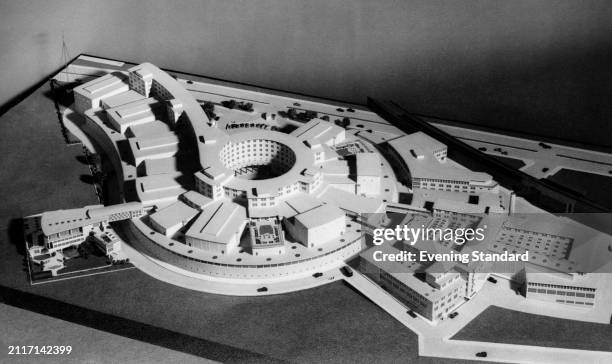 An architectural model of the proposed BBC Television Centre in London, May 1956.