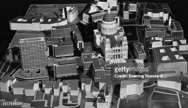 An architectural model of the Paternoster Square redevelopment around St Paul's Cathedral in London, May 1956.