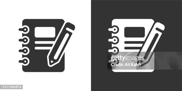 pencil with book solid icons. containing data, strategy, planning, research solid icons collection. vector illustration. for website design, logo, app, template, ui, etc - journal editor stock illustrations