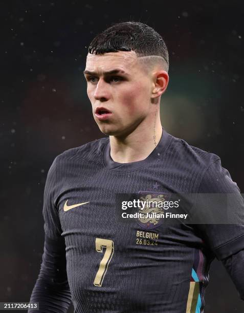 Phil Foden of England during the international friendly match between England and Belgium at Wembley Stadium on March 26, 2024 in London, England.