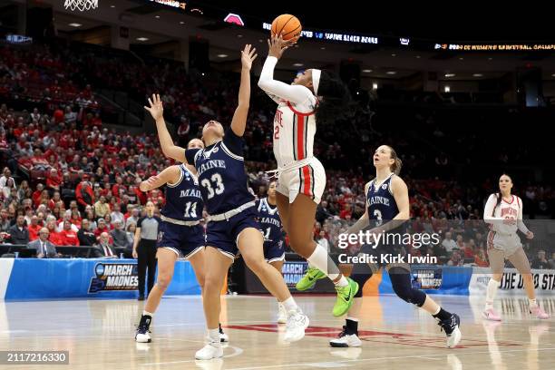 Cotie McMahon of the Ohio State Buckeyes shoots the ball over Adrianna Smith of the Maine Black Bears during the NCAA Women's Basketball Tournament...