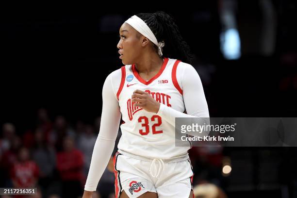 Cotie McMahon of the Ohio State Buckeyes stands on the court during the NCAA Women's Basketball Tournament First Round game against the Maine Black...