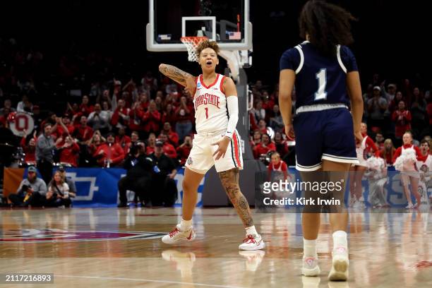 Rikki Harris of the Ohio State Buckeyes reacts after making a three point shot during the NCAA Women's Basketball Tournament First Round game against...
