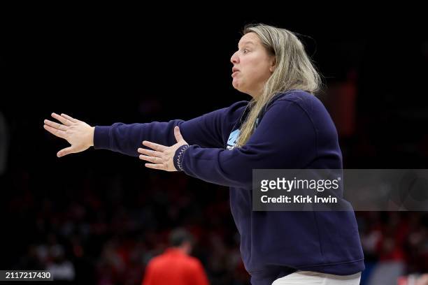 Head coach Amy Vachon of the Maine Black Bears directs her players during the NCAA Women's Basketball Tournament First Round game against the Ohio...