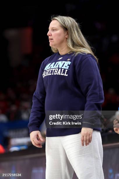 Head coach Amy Vachon of the Maine Black Bears stands on the sideline during the NCAA Women's Basketball Tournament First Round game against the Ohio...