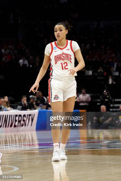 Celeste Taylor of the Ohio State Buckeyes walks up the court during the NCAA Women's Basketball Tournament First Round game against the Maine Black...