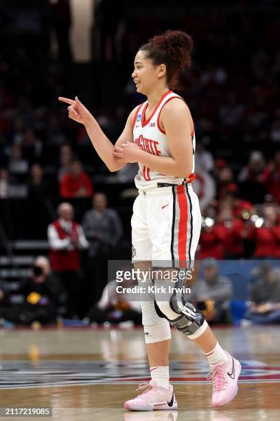 Madison Greene of the Ohio State Buckeyes stands on the court during the NCAA Women's Basketball Tournament First Round game against the Maine Black...
