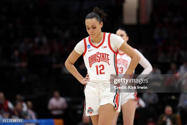 Celeste Taylor of the Ohio State Buckeyes stands on the court during the NCAA Women's Basketball Tournament First Round game against the Maine Black...