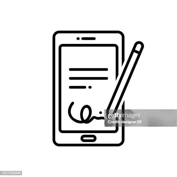 elektronische signatur auf smartphone-linien-icon-vektordesign. - unterschrift stock-grafiken, -clipart, -cartoons und -symbole