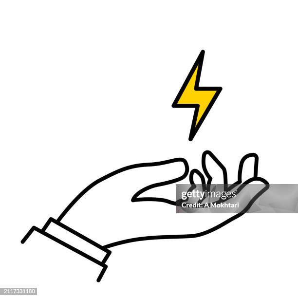 hand icon with electric lightning. - electrical distribution stock illustrations