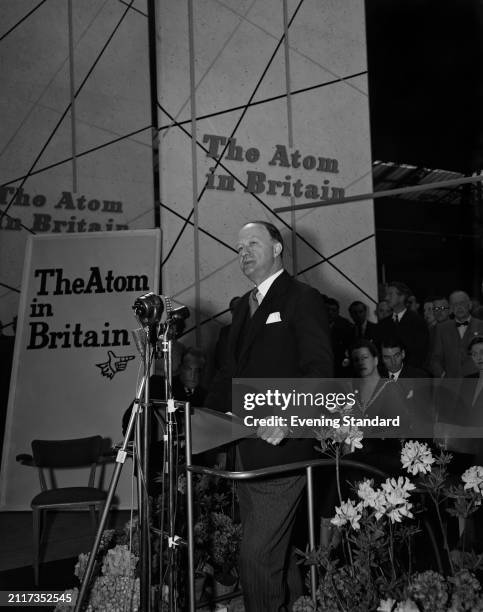 Conservative government minister Rab Butler opens 'The Atom In Britain' Exhibition at the British Industries Fair, Olympia Exhibition Centre, London,...