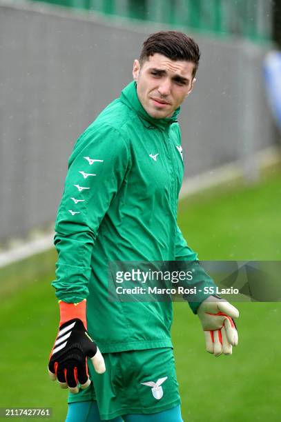 Christos Mandas of SS Lazio during the SS Lazio training session at the Formello sport centre on March 27, 2024 in Rome, Italy.