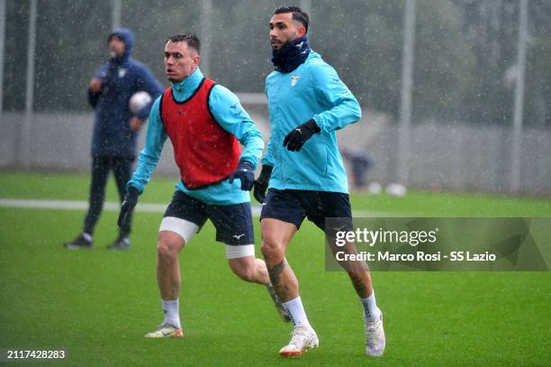 Patric and Valetin Castellanos of SS Lazio during the SS Lazio training session at the Formello sport centre on March 27, 2024 in Rome, Italy.