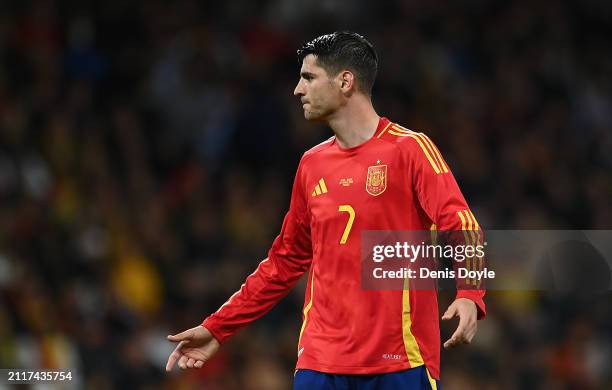 Alvaro Morata of Spain reacts during the friendly match between Spain and Brazil at Estadio Santiago Bernabeu on March 26, 2024 in Madrid, Spain.