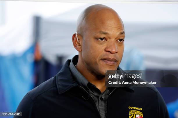 Maryland Governor Wes Moore is interviewed near the collapsed Francis Scott Key Bridge on March 27, 2024 in Baltimore, Maryland. Two survivors were...