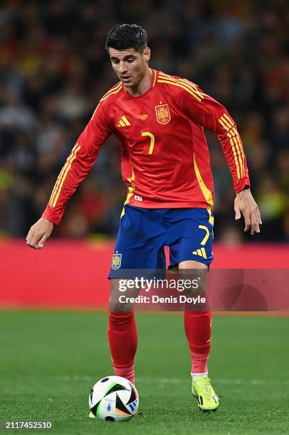 Alvaro Morata of Spain controls the ball during the friendly match between Spain and Brazil at Estadio Santiago Bernabeu on March 26, 2024 in Madrid,...