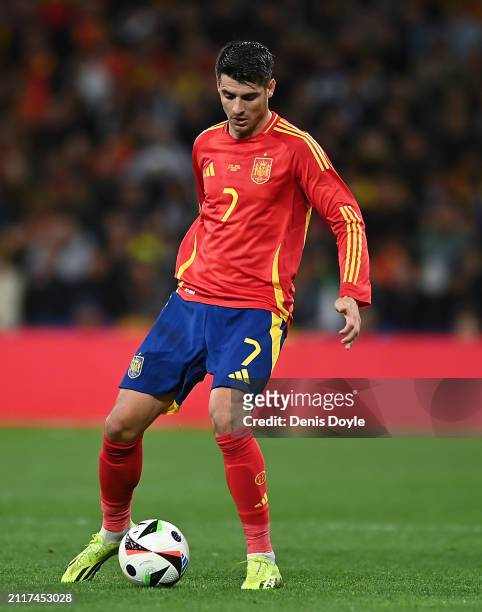 Alvaro Morata of Spain controls the ball during the friendly match between Spain and Brazil at Estadio Santiago Bernabeu on March 26, 2024 in Madrid,...