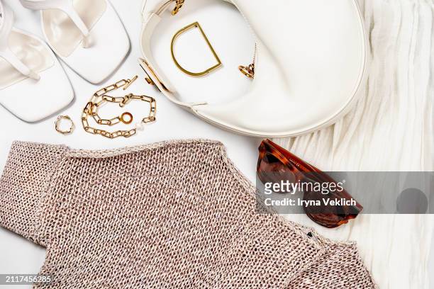 set of fashion collection with trendy fashion clothes products for women in white, beige, brown colours. - handbag collection stock pictures, royalty-free photos & images