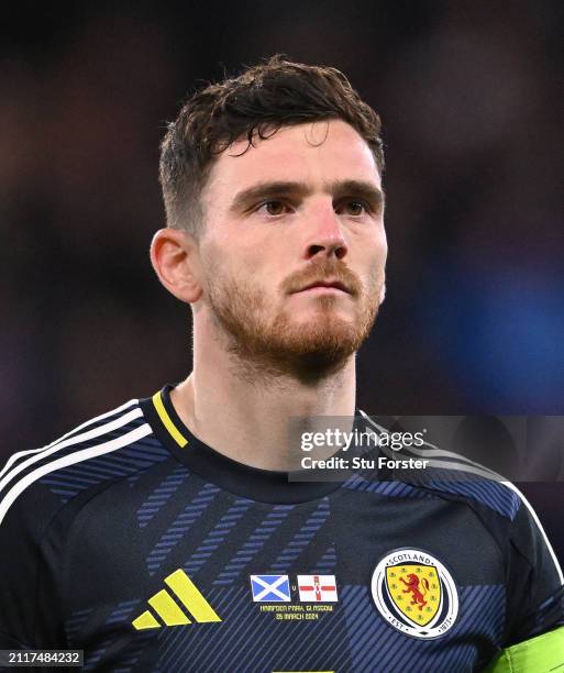 Scotland player Andrew Robertson pictured in the line up before the international friendly match between Scotland and Northern Ireland at Hampden...