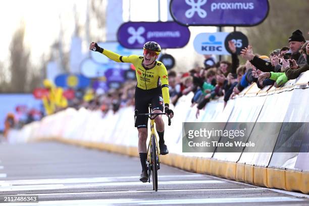 Matteo Jorgenson of The United States and Team Visma | Lease a Bike celebrates at finish line as race winner during the 78th Dwars Door Vlaanderen...