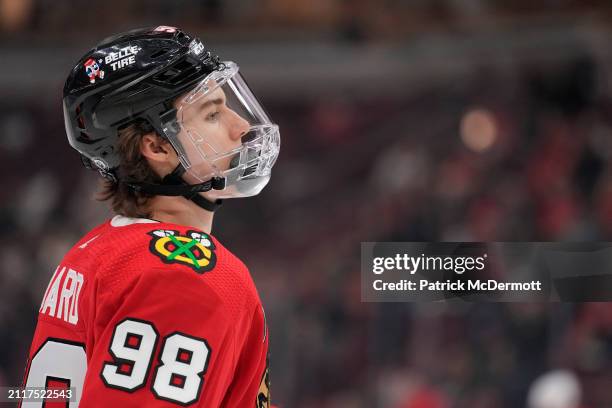 Connor Bedard of the Chicago Blackhawks warms up before a game against the Calgary Flames at the United Center on March 26, 2024 in Chicago, Illinois.