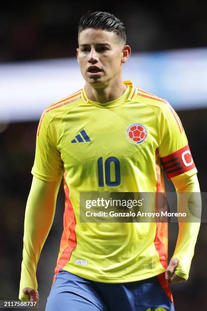 James Rodriguez of Colombia looks on during the friendly match between Romania and Colombia at Civitas Metropolitan Stadium on March 26, 2024 in...