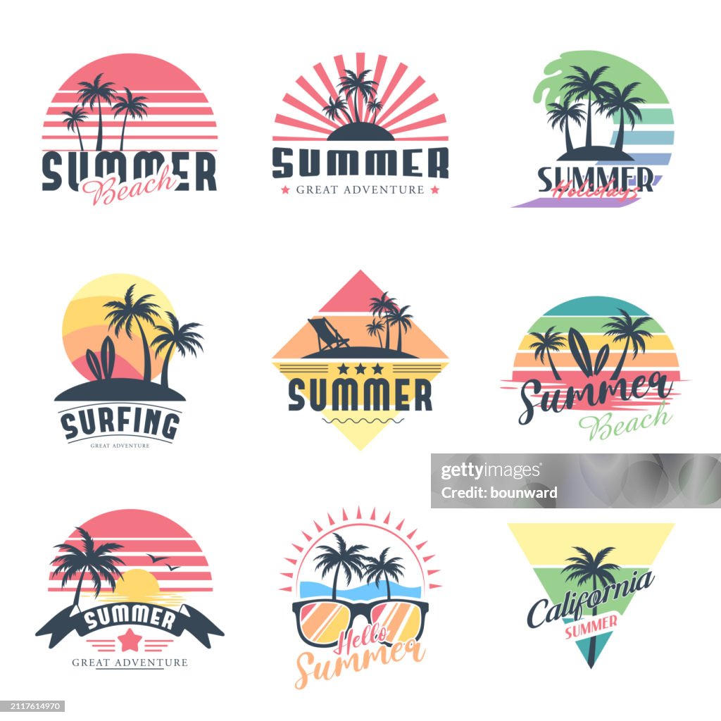 Sommerurlaub, Reisen, Surfen, Strand, Labels und Badges