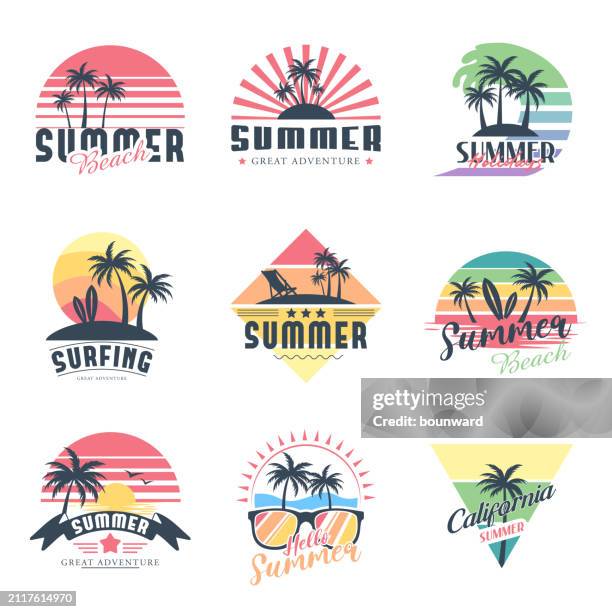 summer holdays, travel, surfing, beach, labels and badges - sunny beach california stock illustrations