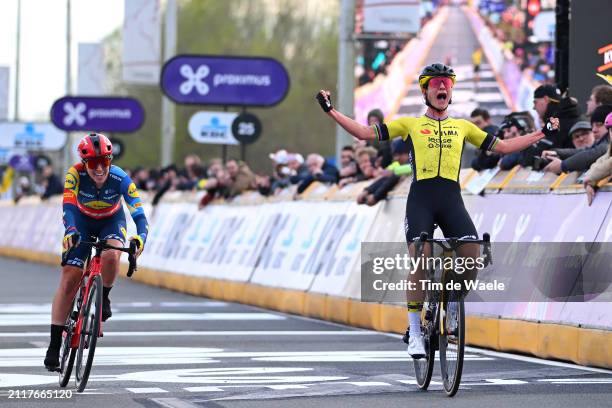 Marianne Vos of The Netherlands and Team Visma-Lease a Bike celebrates at finish line as race winner ahead of Shirin van Anrooij of The Netherlands...