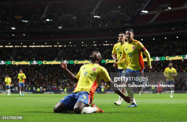 Jhon Cordoba of Colombia celebrates scoring his team's first goal during the international friendly match between Romania and Colombia at Civitas...