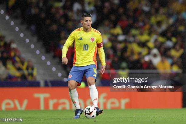 James Rodriguez of Colombia controls the ball during the friendly match between Romania and Colombia at Civitas Metropolitan Stadium on March 26,...