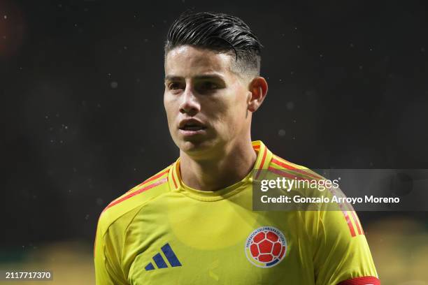 James Rodriguez of Colombia looks on during the friendly match between Romania and Colombia at Civitas Metropolitan Stadium on March 26, 2024 in...