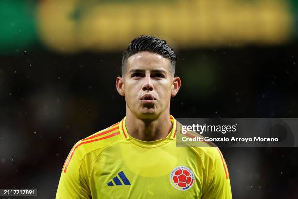 James Rodriguez of Colombia reacts during the friendly match between Romania and Colombia at Civitas Metropolitan Stadium on March 26, 2024 in...