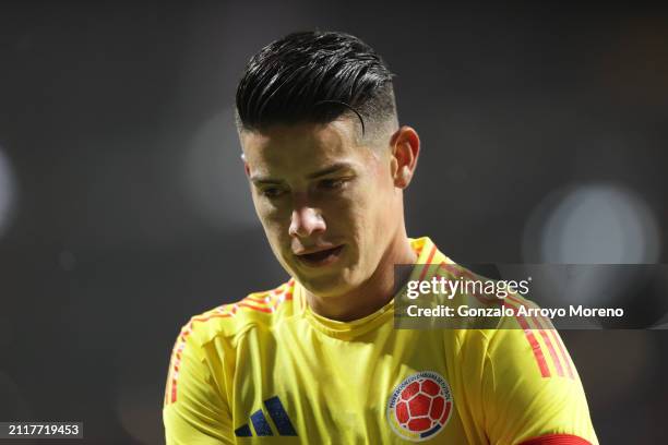 James Rodriguez of Colombia reacts during the friendly match between Romania and Colombia at Civitas Metropolitan Stadium on March 26, 2024 in...