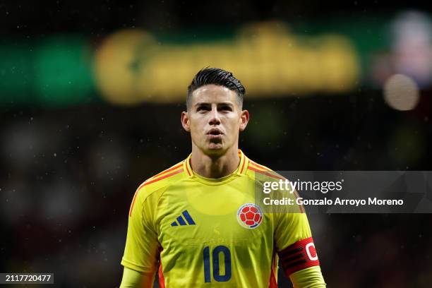 James Rodriguez of Colombia reacts during the friendly match between Romania and Colombia at Civitas Metropolitan Stadium on March 26, 2024 in...