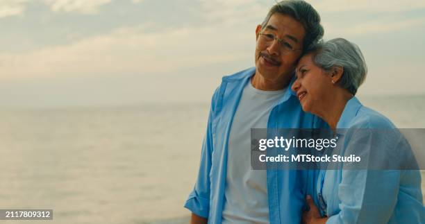 asian elderly cheerful couple smiling happily while embracing on beach enjoying the sea view. a happy senior adult people enjoy the travel lifestyle after retirement. - mes stock pictures, royalty-free photos & images