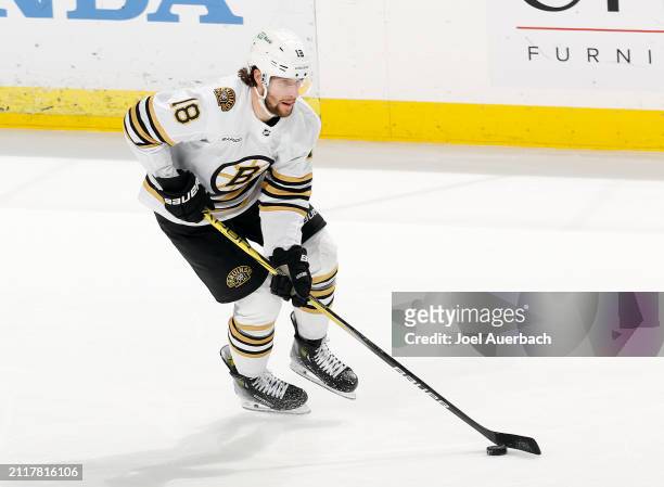 Pavel Zacha of the Boston Bruins skates with the puck against the Florida Panthers at the Amerant Bank Arena on March 26, 2024 in Sunrise, Florida.