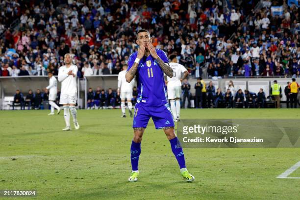 Angel Di Maria of Argentina celebrates after scoring a goal against Costa Rica at United Airlines Field at the Los Angeles Memorial Coliseum on March...