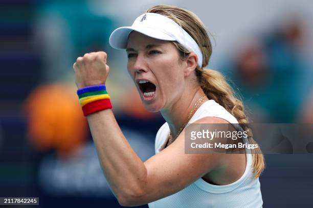 Danielle Collins of the United States reacts during her women's singles match against Caroline Garcia of France during the Miami Open at Hard Rock...