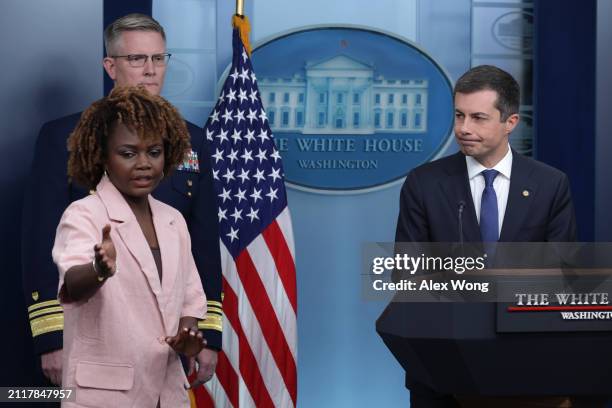 Secretary of Transportation Pete Buttigieg answers questions as White House Press Secretary Karine Jean-Pierre and Deputy Commandant for Operations...